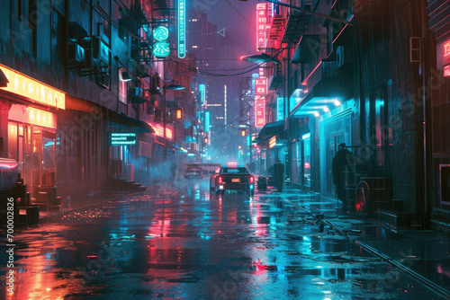 A surreal cyberpunk cityscape at twilight, where neon lights reflect on rain-soaked streets