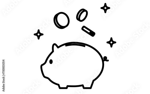 Icon of money pouring into piggy bank, simple line drawing illustration photo
