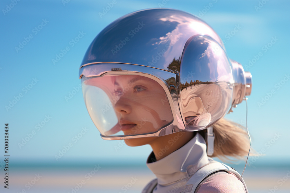 woman wearing helmet in front of the sea futuristic style bokeh style background woman wearing helmet in front of the sea futuristic style bokeh style background