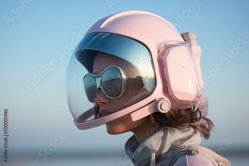 woman wearing helmet in front of the sea futuristic style bokeh style background