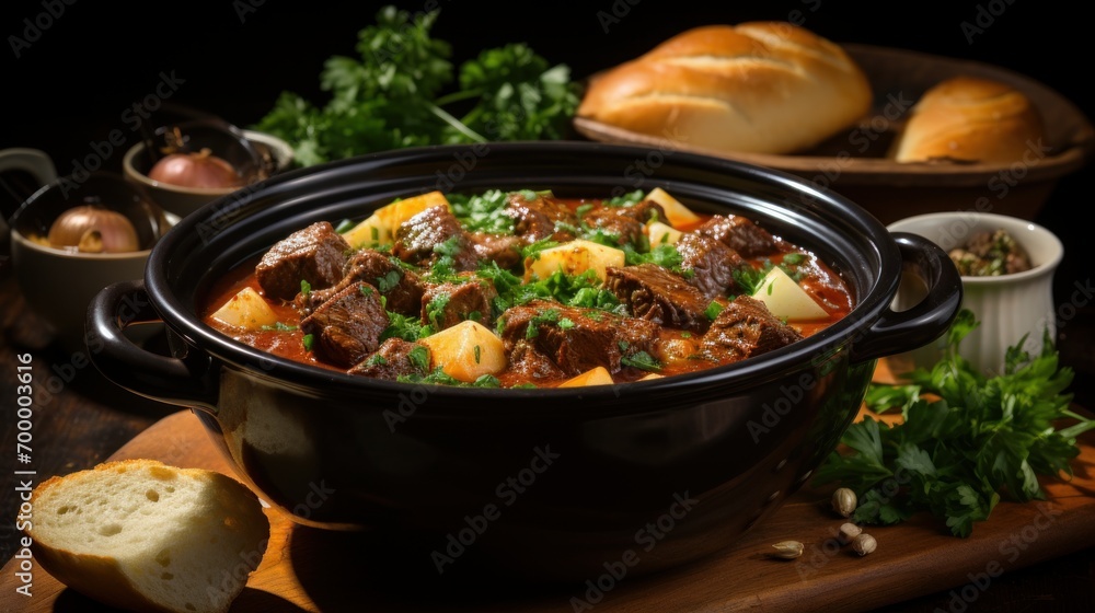 A bowl of steaming goulash soup with a hearty chunk of beef, soft potatoes