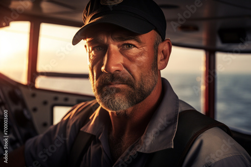 portrait of middle age fisherman in the boat bokeh style background