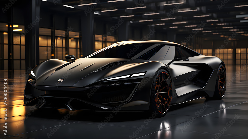 a  black concept futuristic sports car in the room
