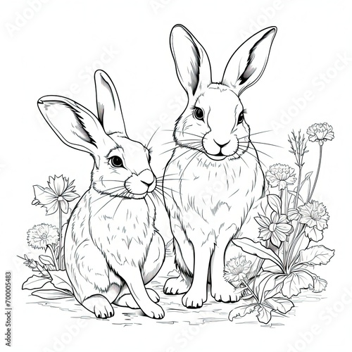Coloring pages rabbits and bunnies in the grass, flowers