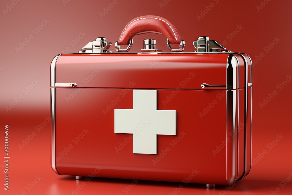 Fototapeta premium Empty First Aid Kit in a Cartoon Style, on an isolated Medical Red Cross background, Generative AI