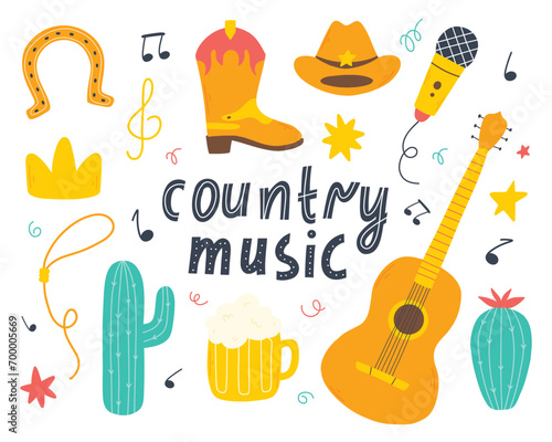 Country music concept. Set of country music elements in hand drawn style. Cowboy music vector illustration.