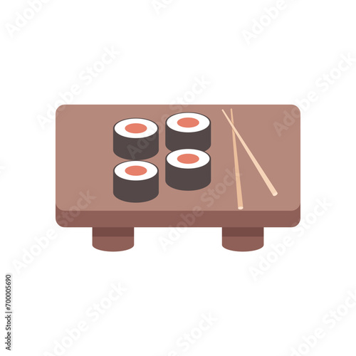 Sushi roll on wooden board with chopsticks vector illustration, sushi flat icon