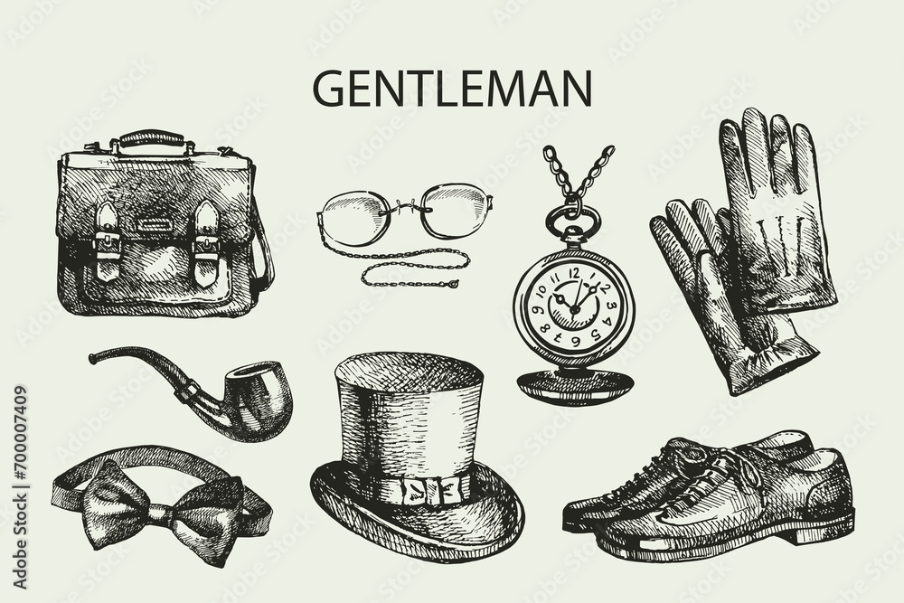 Sketch gentlemen accessories. Hand drawn men illustrations set - obrazy, fototapety, plakaty 