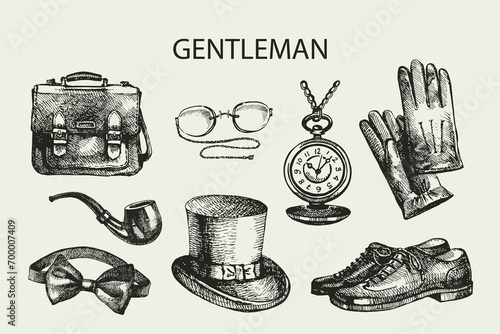 Sketch gentlemen accessories. Hand drawn men illustrations set photo