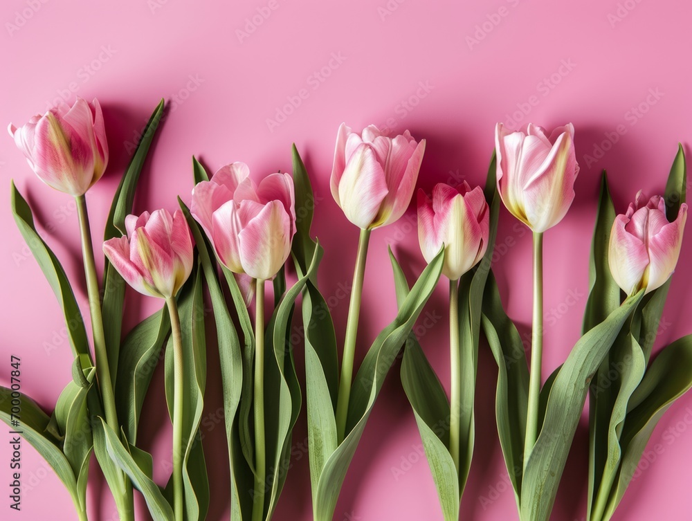 Pink tulips on a pink background. Flat lay, top view Generative AI Pink tulips on a pink background. Flat lay, top view Generative AI