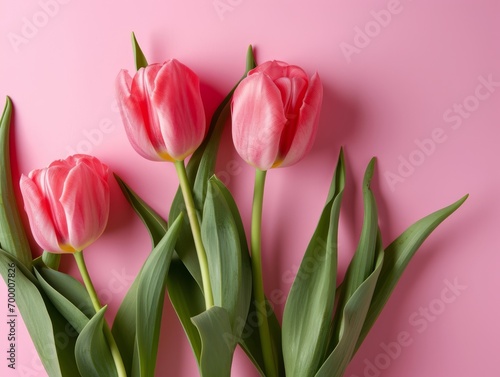 Pink tulips on a pink background. Flat lay, top view Generative AI