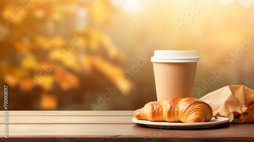 A paper cup and croissant on a wooden table