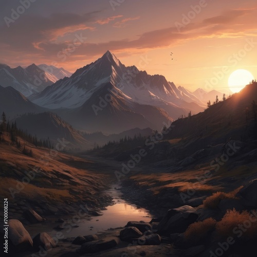 Panorama of Sunset view in the Mountains