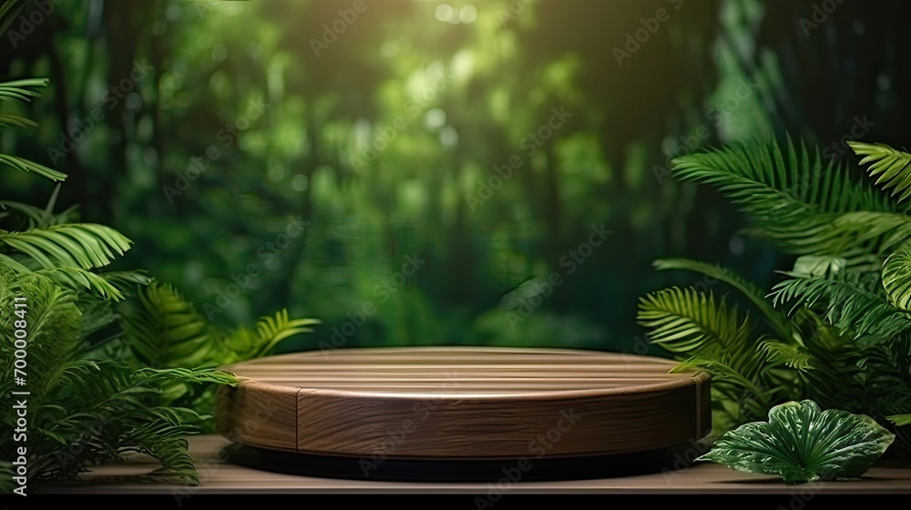 Imagine a wooden podium set in a vibrant tropical forest. Nature-infused presentation, tropical backdrop, wooden podium, product showcase, natural setting. Generated by AI. Imagine a wooden podium set in a vibrant tropical forest. Nature-infused presentation, tropical backdrop, wooden podium, product showcase, natural setting. Generated by AI.