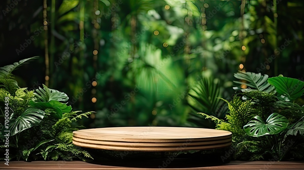A wooden podium seamlessly integrated into the tropical forest landscape. Eco-friendly, lush, verdant, organic, marketing, sustainable. Generated by AI.