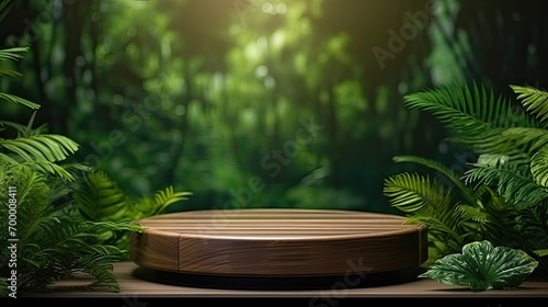 Imagine a wooden podium set in a vibrant tropical forest. Nature-infused presentation, tropical backdrop, wooden podium, product showcase, natural setting. Generated by AI.