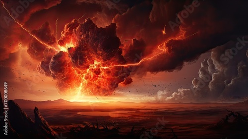 A breathtaking portrayal of a meteorite in a fiery explosion within the atmosphere. Celestial phenomenon  cosmic event  intense eruption. Generated by AI.