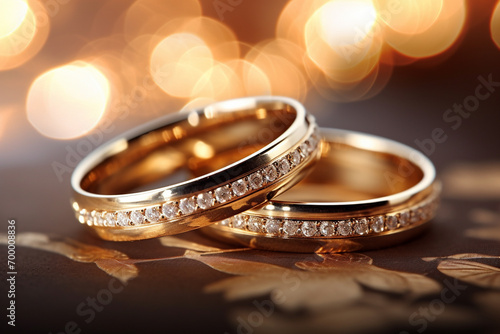 close up of two gold wedding rings bokeh style background