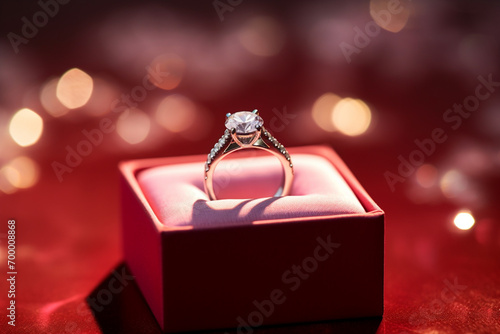 a diamond wedding ring in a red box bokeh style background © toonsteb