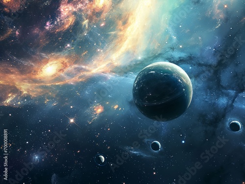 Abstract space background with planets, stars and nebula. 3D rendering Generative AI