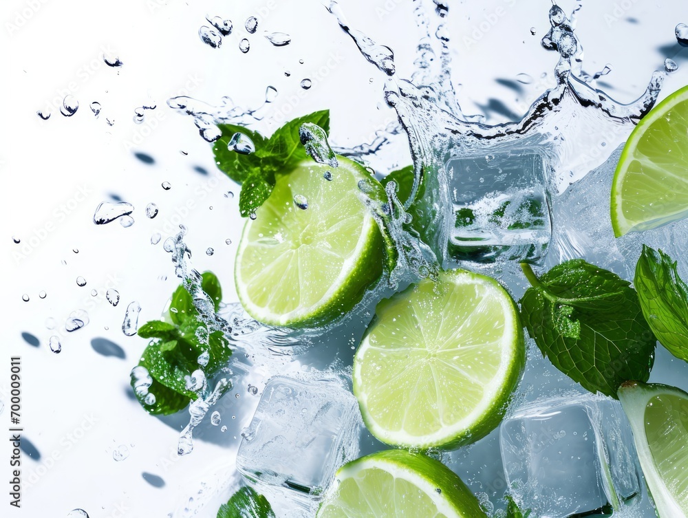 Mojito cocktail with lime, ice cubes and mint on white background Generative AI Mojito cocktail with lime, ice cubes and mint on white background Generative AI