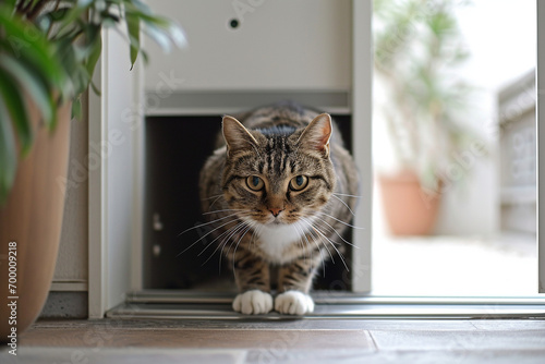 serene photo capturing a cat gracefully entering a home through a minimalist cat door, blending functionality with a clean and uncluttered design. Minimalistic photo