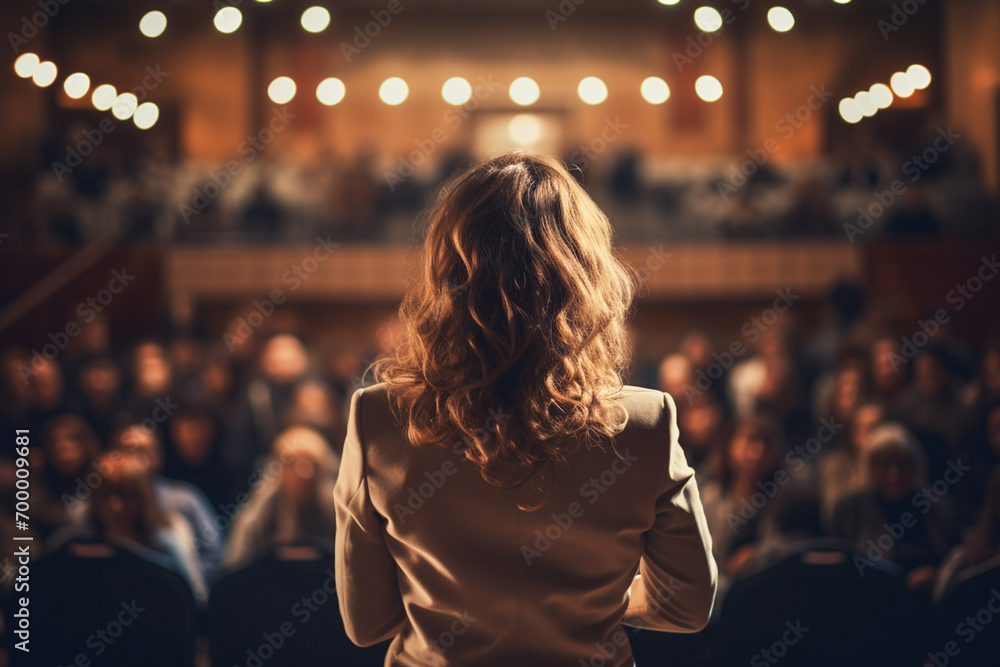 a woman speaking in front of crowd people bokeh style background