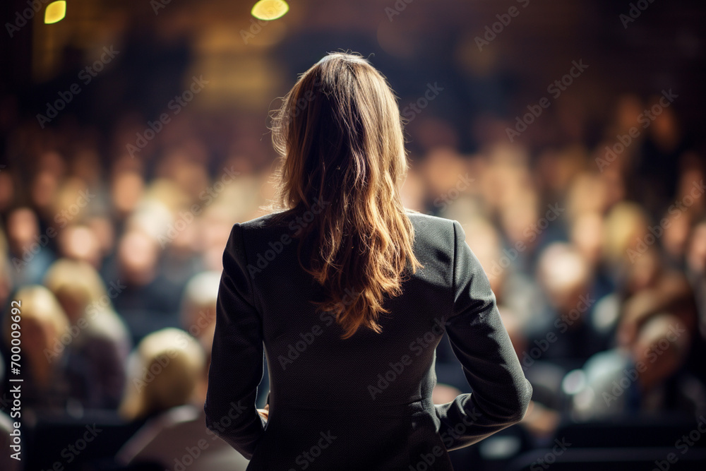 Fototapeta premium a woman speaking in front of crowd people bokeh style background