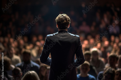 a man speaking in front of crowd people bokeh style background