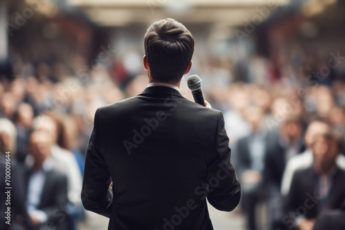 a man speaking in front of crowd people bokeh style background