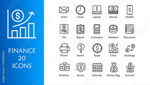 Finance icon set. Containing loan, cash, saving, financial goal, profit, budget, mutual fund, earning money and revenue icons. Outline icons collection