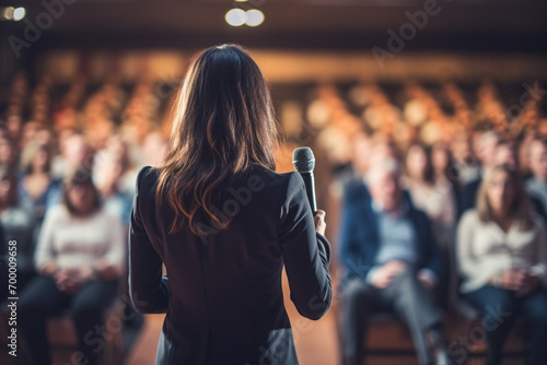 a woman speaking in front of crowd people bokeh style background photo