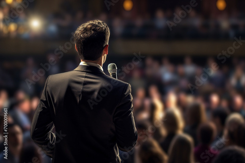 a man speaking in front of crowd people bokeh style background
