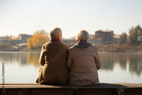 two elderly women sitting on the dock in front of the lake