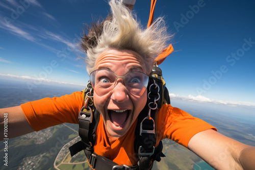 an old woman taking a selfie while skydiving.