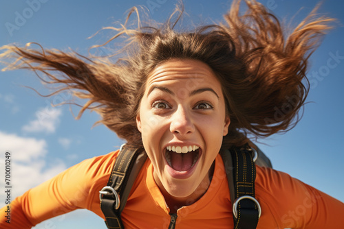 a woman doing selfie while solo skydiving