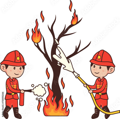 Clip Art Fireman Team Male Character Extinguishing Forest Fires with a Water Hose