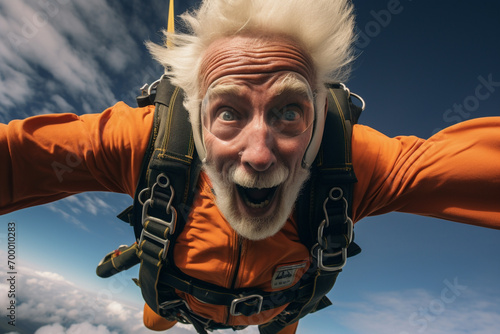 an old man taking a selfie while skydiving.