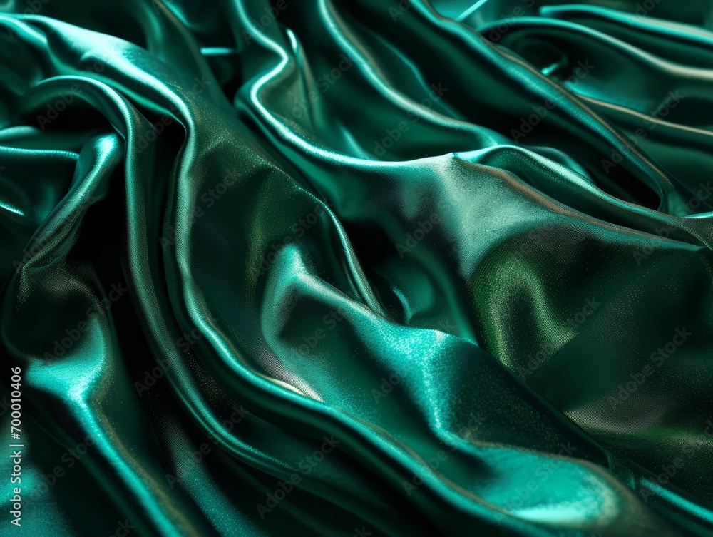 Fototapeta premium Closeup of rippled green satin fabric as background texture Generative AI