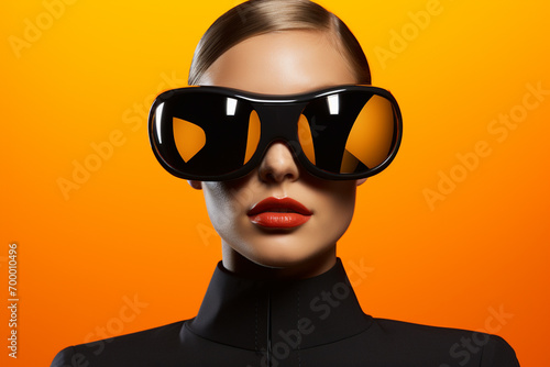 a woman wearing leather jacket and sunglasses futuristic style on yellow background