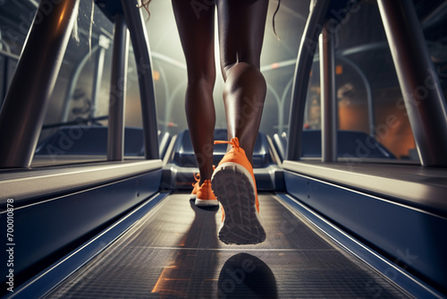 close up of legs walking on the treadmill bokeh style background photo