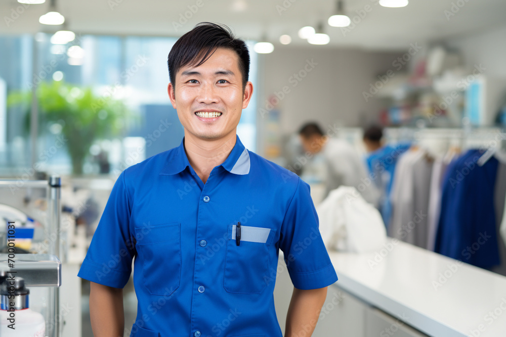 asian repairman smiling at laundry shop bokeh style background