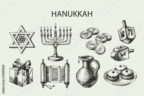 Hand drawn sketch Hanukkah elements set. Israel festival objects and symbols.