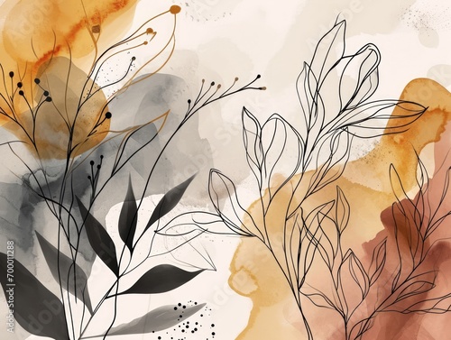 Abstract floral background with watercolor spots and leaves. illustration. Generative AI