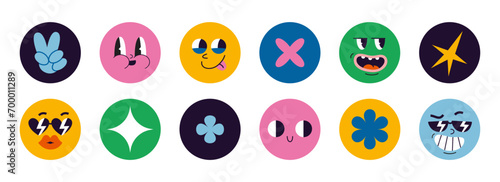 Set of various round bright colorful icons with groovy face and abstract shapes, cartoon style. Trendy modern vector illustration, hand drawn, flat design. Highlight stories covers for social media photo