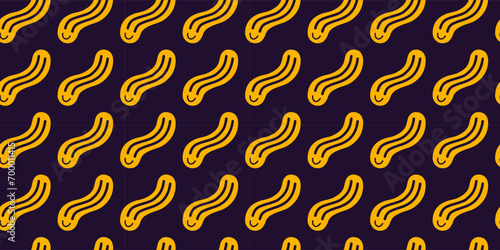Seamless pattern with Distorted wavy smiley, melt yellow smile stretched into a wave, cartoon style.  Trendy modern vector illustration on a dark background