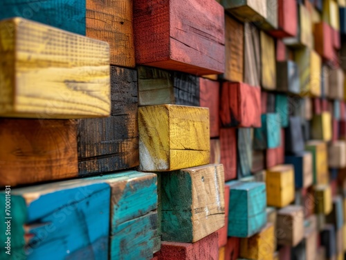 Colorful wooden blocks on a wall, close-up, background Generative AI