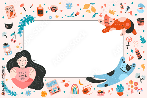 Horizontal banner with frame on self-care theme, cartoon style. Girl hugs herself and cats. Self love, health, beauty and wellness concept. Vector illustration isolated on white, hand drawn, flat