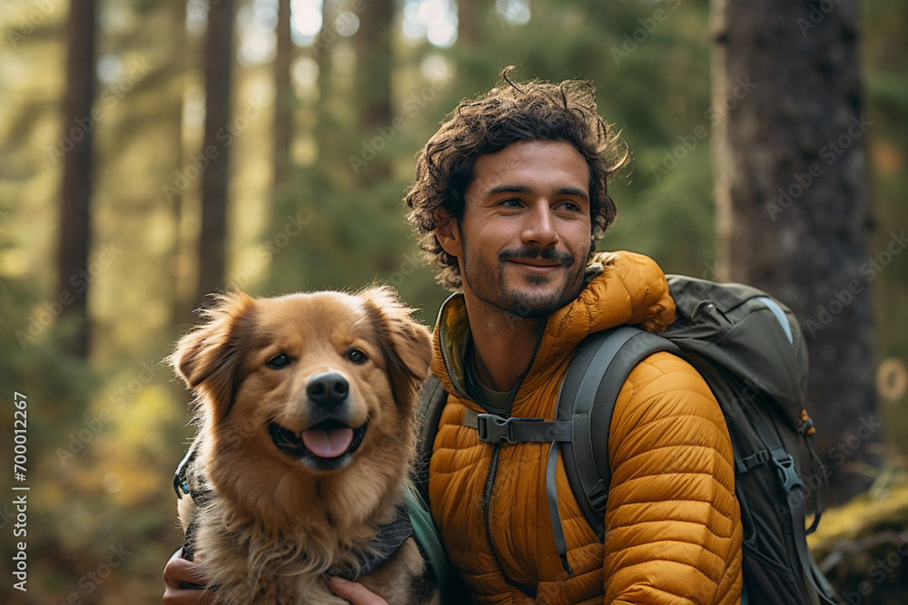 male hiker and his dog on the mountain  bokeh style background
