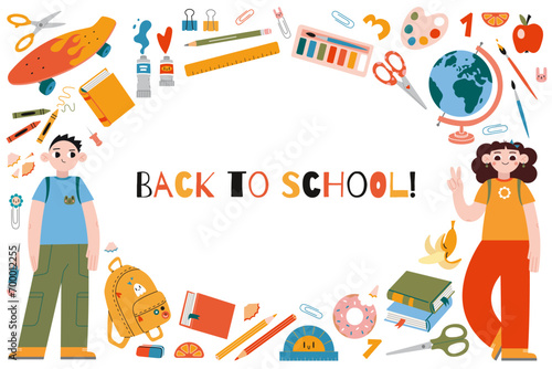 Back to school horizontal banner with round frame, cartoon style. Classmates kids characters, cute stationery and art supplies. Trendy modern vector illustration isolated on white, flat design